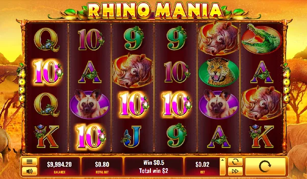 Rhino Maniaのウェイズ・トゥ・ウィン。「10」のシンボルが行をまたいで隣接リールに揃った勝利画面
