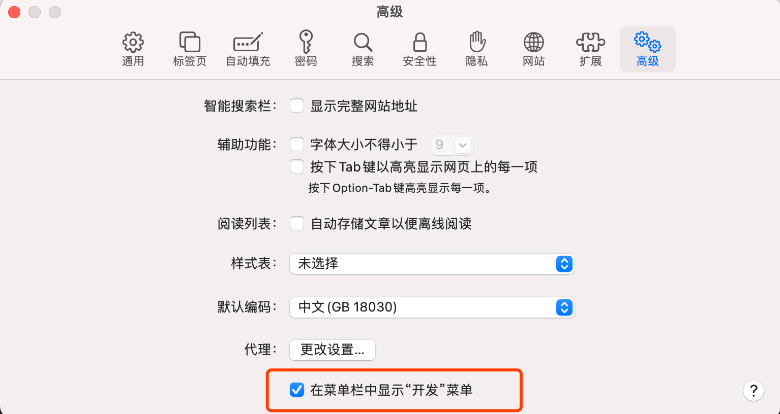 在菜单栏中显示"开发"设置