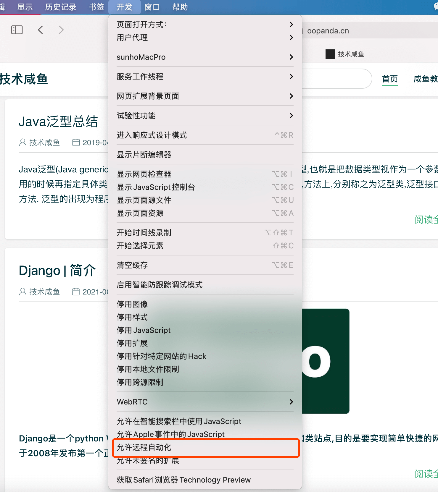 允许Safari浏览器远程自动化