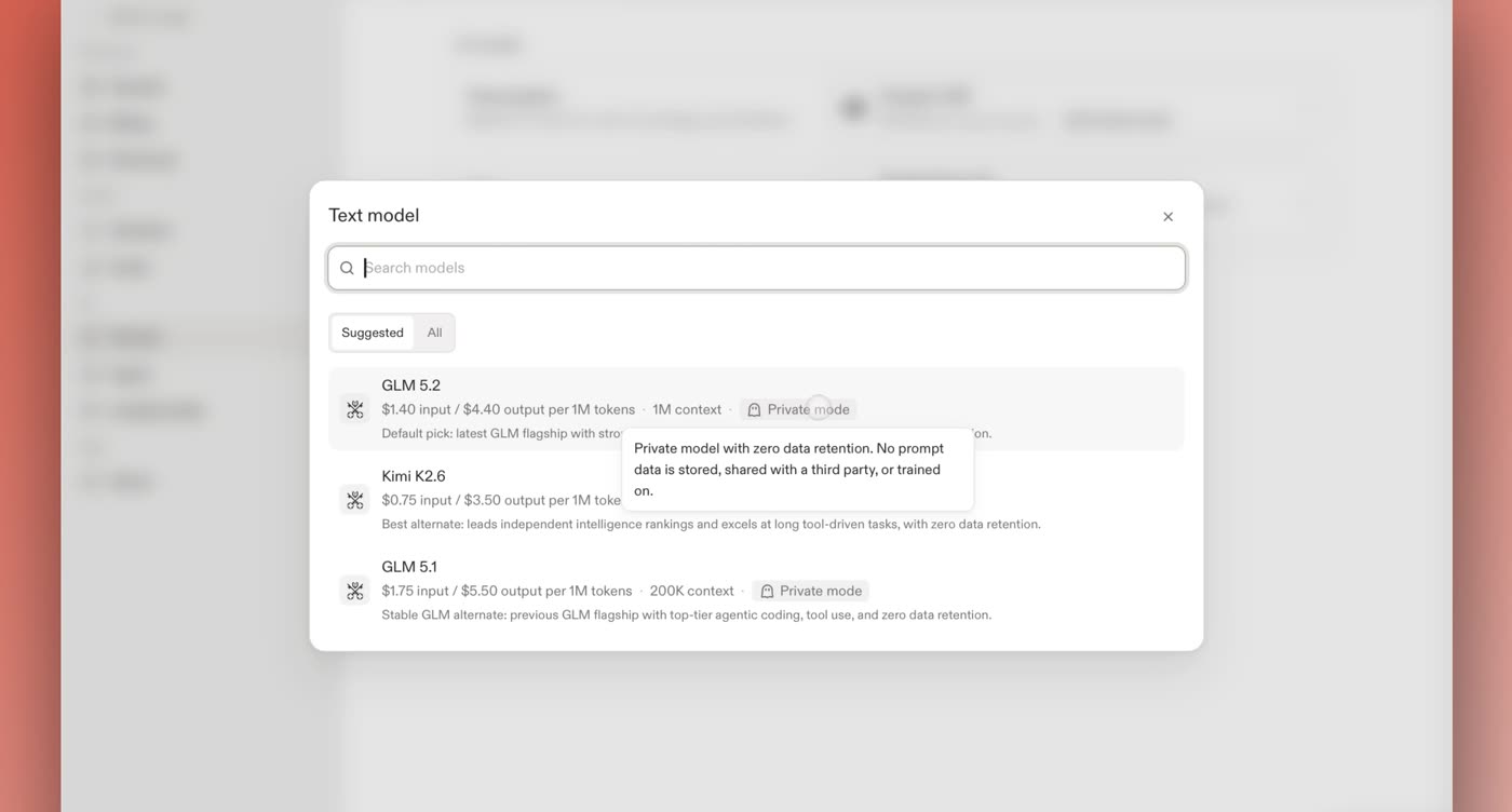The June model picker, with each model labeled with pricing, context window, and its privacy tier