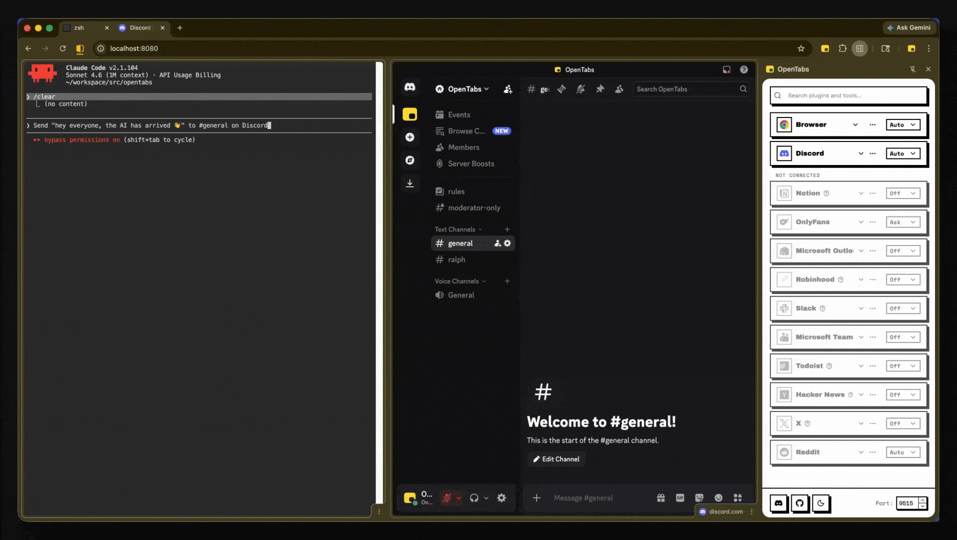 Demo: AI sends a Discord message and adds reactions through real API calls