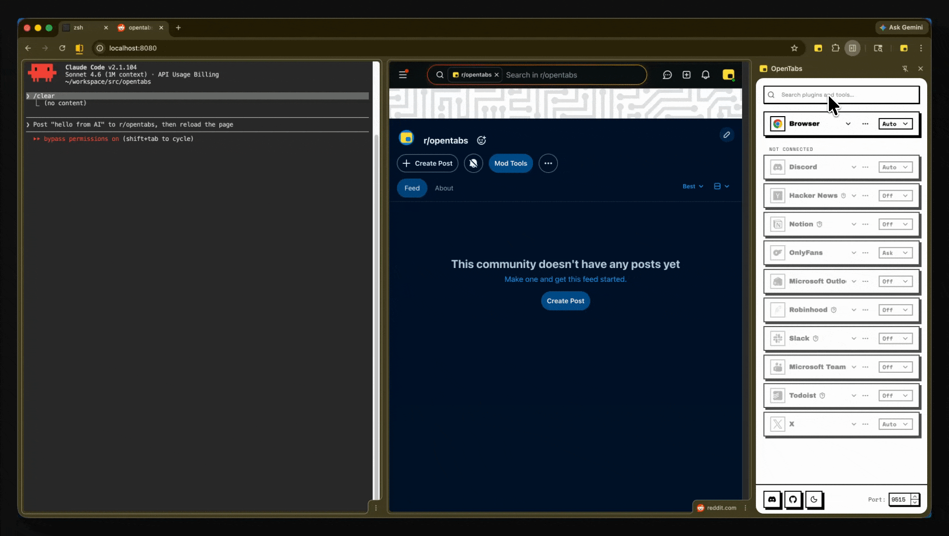 Demo: installing a Reddit plugin and immediately using it to create a post