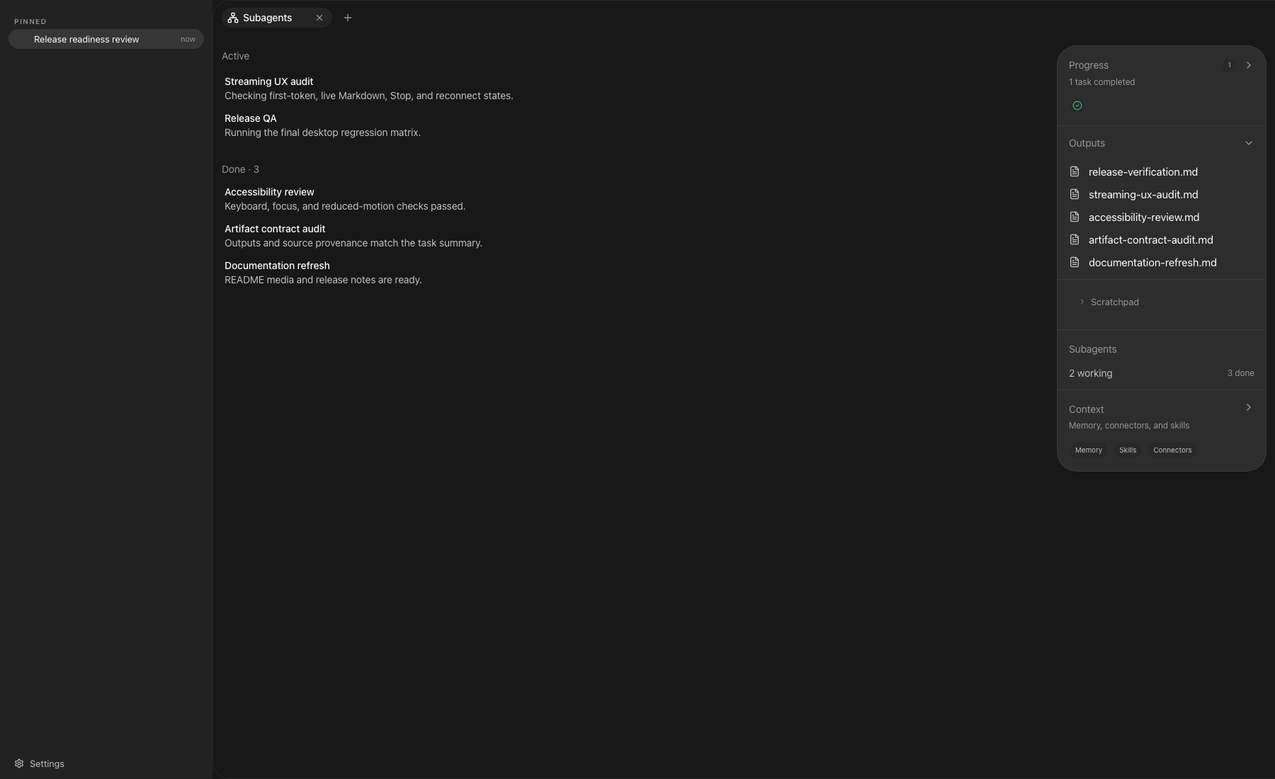 OpenYak Subagents work view with Active and Done child Sessions and task-level Outputs