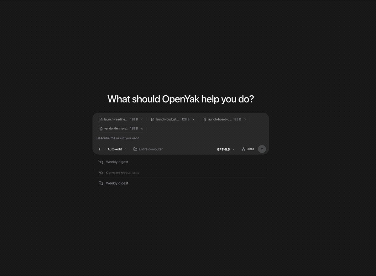 OpenYak turns uploaded office files into a structured answer and reusable artifact