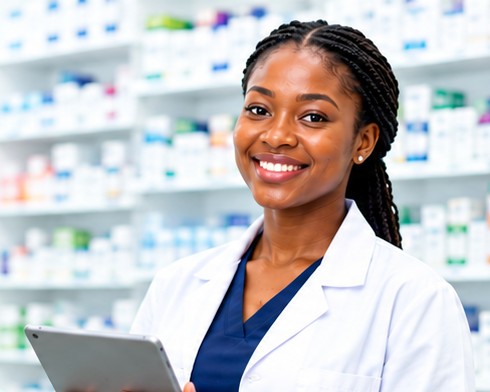 A smiling pharmacist holding a tablet in front of stocked pharmacy shelves