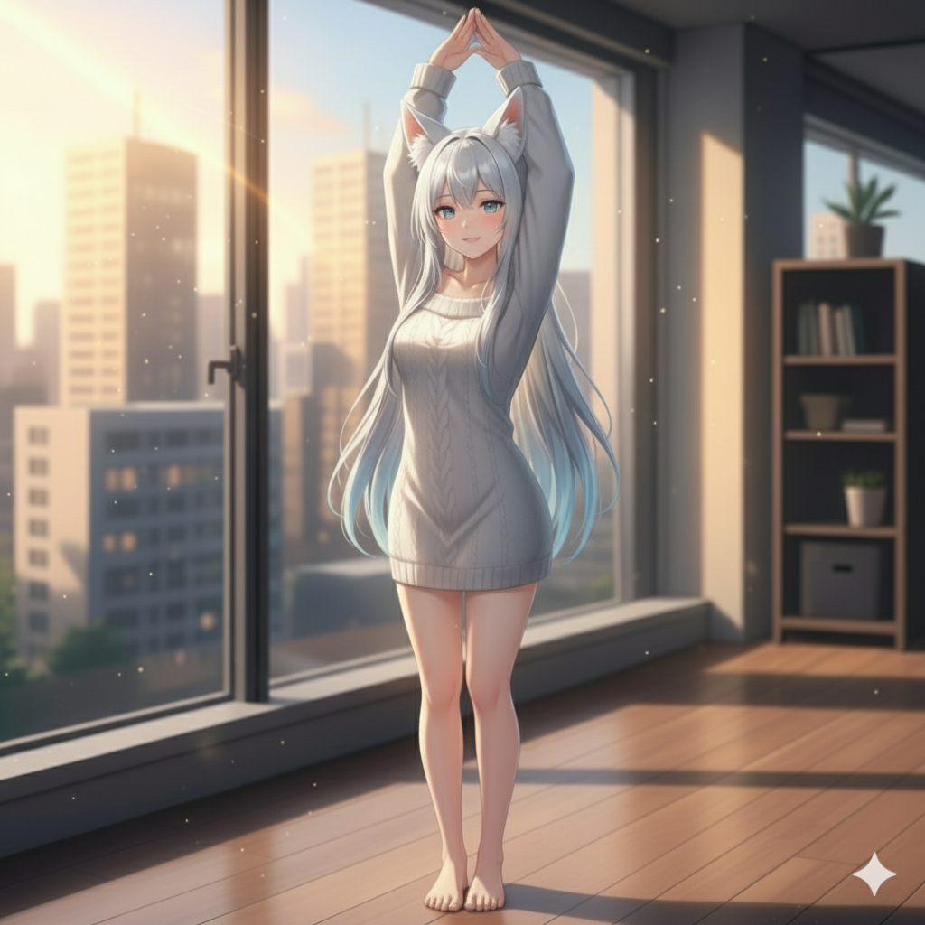 Both hands together, stretching high