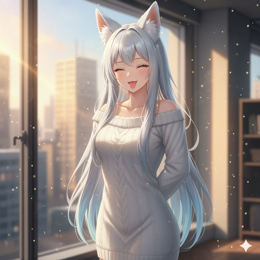 Her eyes closed and tongue sticking out