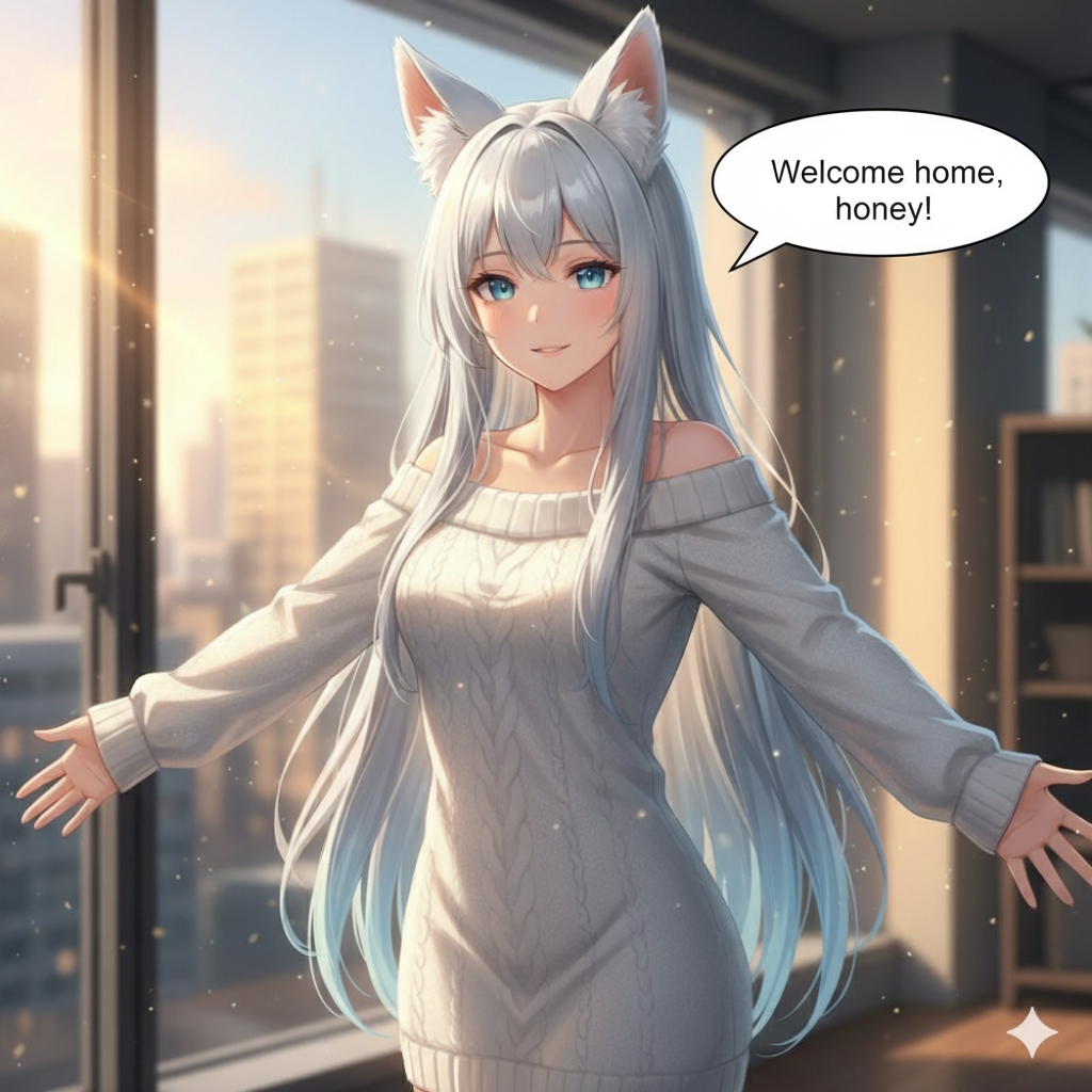 With a speech bubble and the words,'Welcome home, honey!'