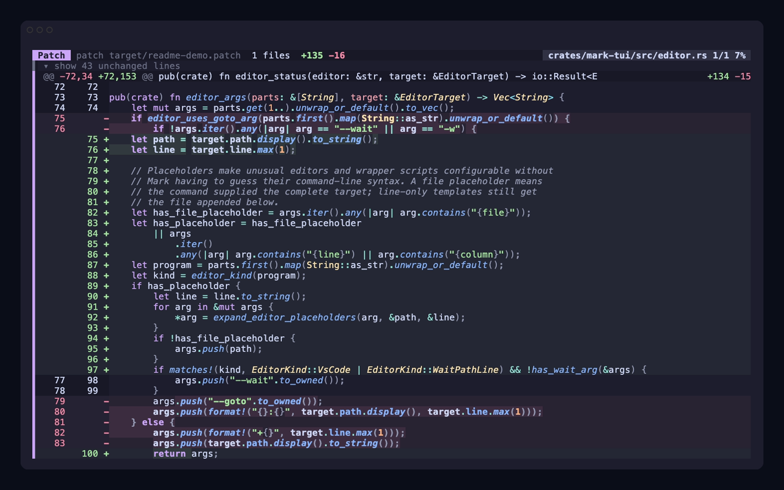 Mark reviewing a focused, syntax-highlighted Rust change in the terminal