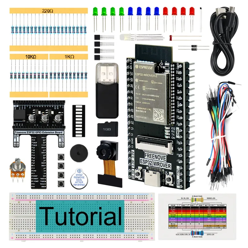 Freenove Basic Starter Kit for ESP32 CAM Camera Wi-Fi Bluetooth, Dual-core 32-bit 240 MHz Microcontroller, Python C Code, 400-Page Detailed Tutorial, 141 Items, 58 Projects