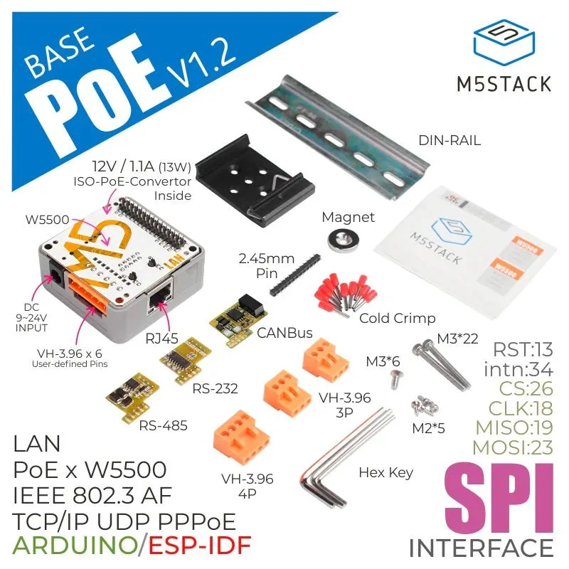 M5Stack用W5500搭載 LANモジュール（PoE対応）