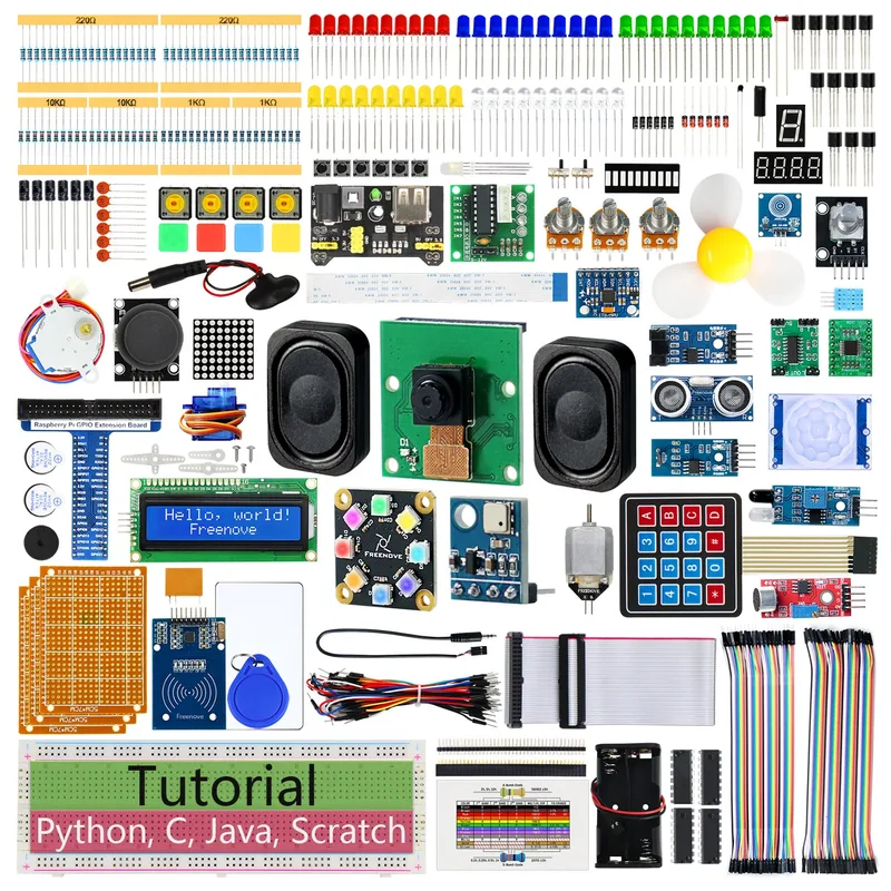 Freenove Complete Starter Kit for Raspberry Pi 5 4 B 3 B+ 500 Zero 2 W, 1170-Page Tutorial, Python C Java Scratch Processing Code, 386 Items, 164 Projects, Camera Speaker