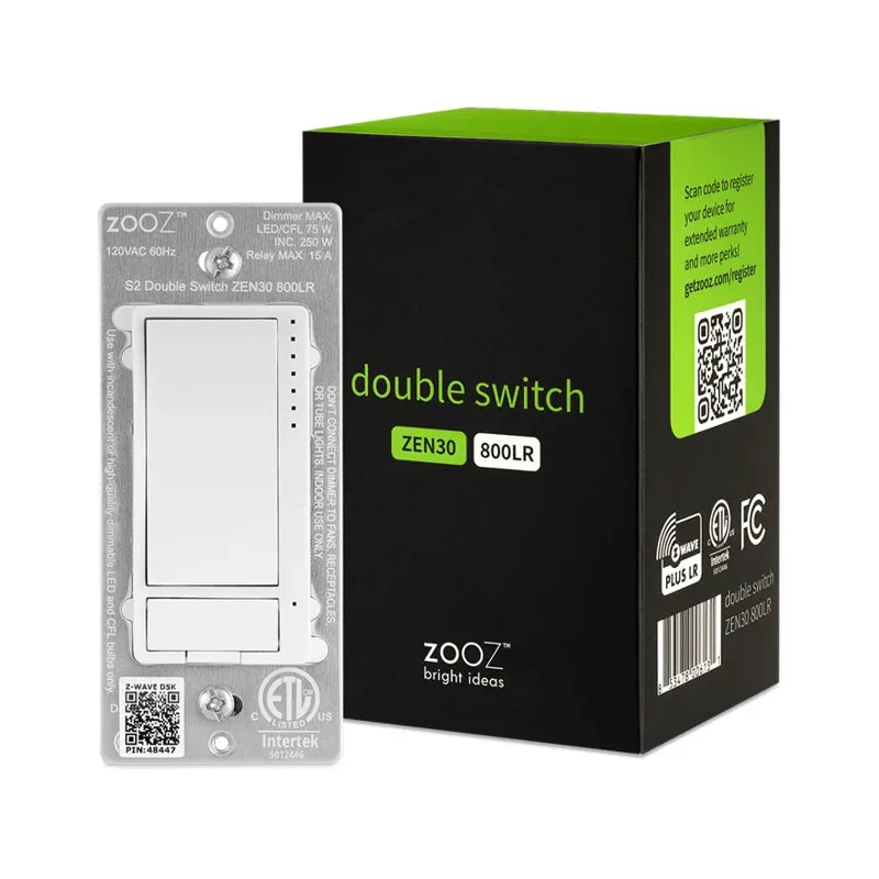 Zooz 800 Series Z-Wave Long Range Double Switch ZEN30 800LR (White) for Light & Fan Combo