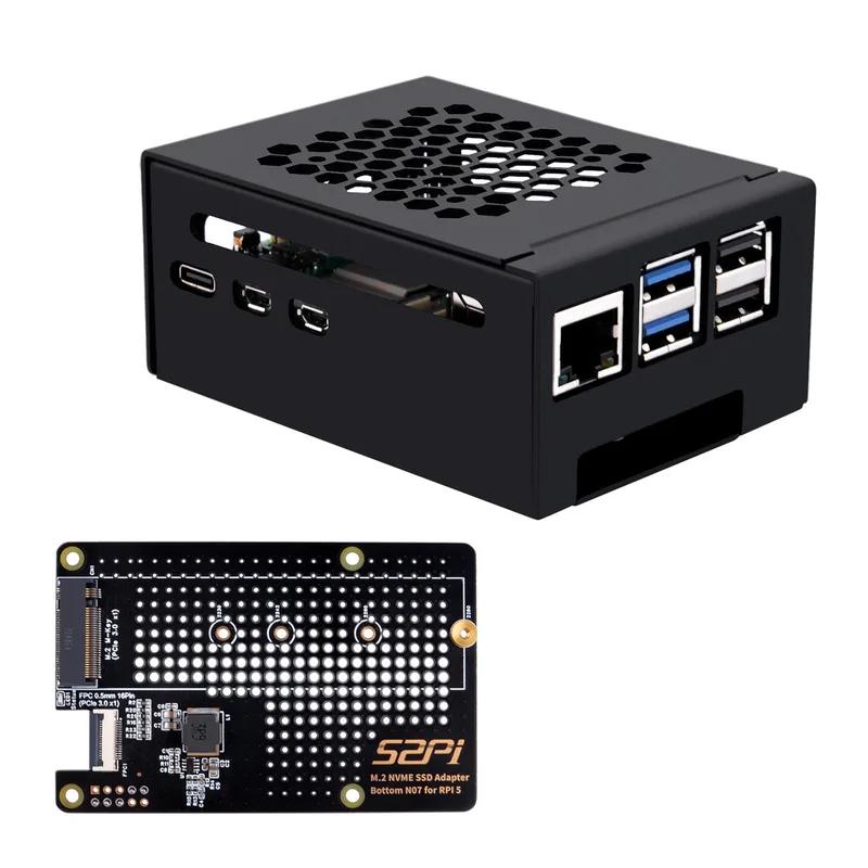 52Pi N07 M.2 2280 PCIe to NVMe SSD PCIe Peripheral Bottom Board With Metal Case for Raspberry Pi 5