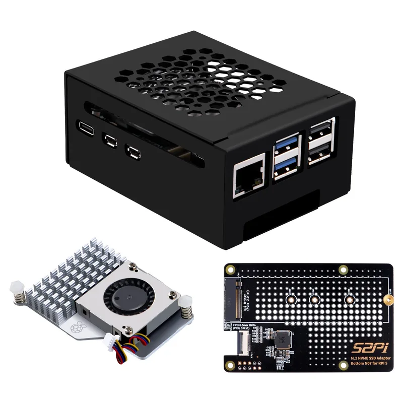52Pi N07 M.2 2280 PCIe to NVMe SSD PCIe Peripheral Bottom Board with Metal Case and Official Cooler for Raspberry Pi 5