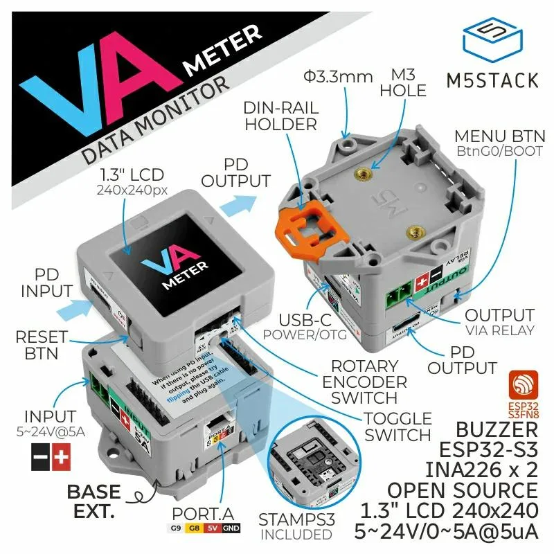 M5StampS3搭載 VAメーター（電流電圧測定モジュール）