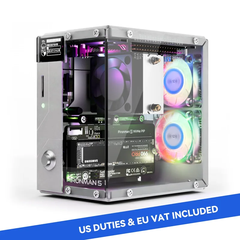 Pironman 5 NVMe M.2 SSD PCIe 2.0/3.0 Mini PC Case for Raspberry Pi 5 Hailo-8L, AI Agent OpenClaw, Tower Cooler+Dual RGB Fans, 0.96'' OLED Module, Safe Shutdown, Standard HDMI, RGB Effect