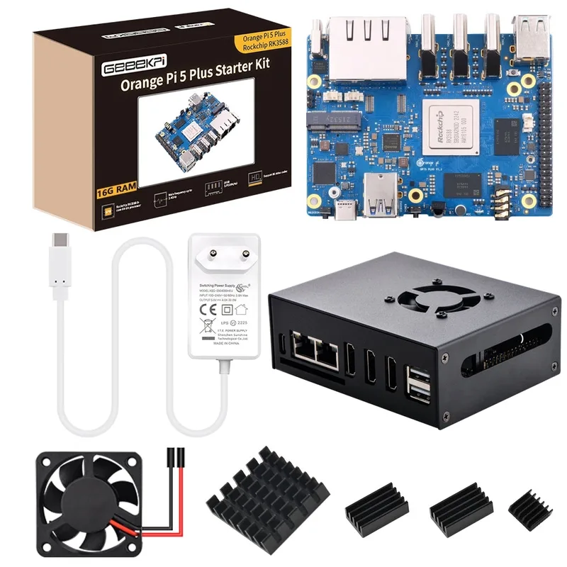 Orange Pi 5 Plus 16GB LPDDR4/4x Rockchip RK3588 8-Core 64-Bit Single Board Computer with eMMC Socket, OPi 5 Plus Metal Case, Official Orange Pi 5V 4A Power Supply, 40 mm Fan for Orange Pi 5