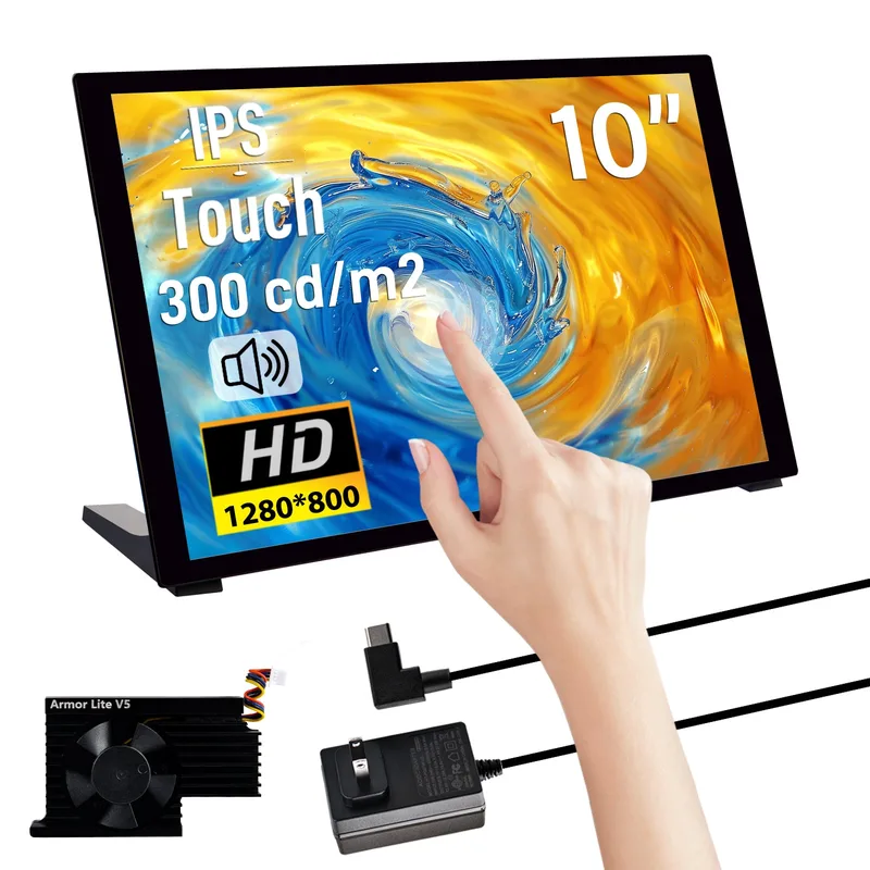52Pi 10.1-inch Touch Screen 1280X800 Capacitive Monitor LCD Display, supports Installation of Raspberry Pi 5/4B/3B/3B+