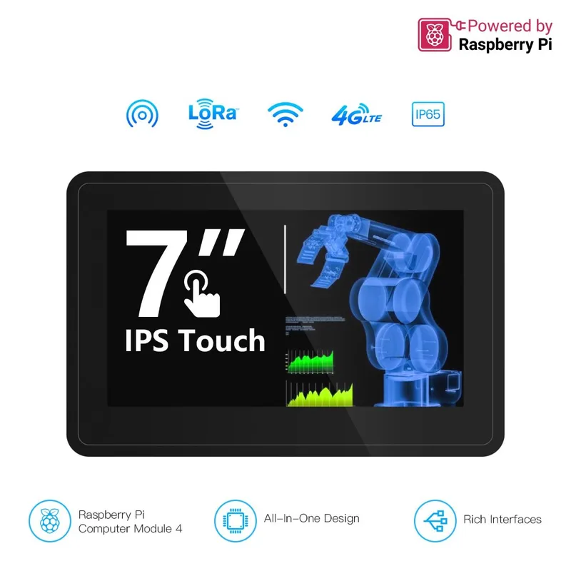 Pi Terminal- 7inch Raspberry Pi CM4 Industrial HMI Panel (IPS, 1024x600)  With Rich Interfaces, 4G/LoRa/GPS/WiFi/BLE