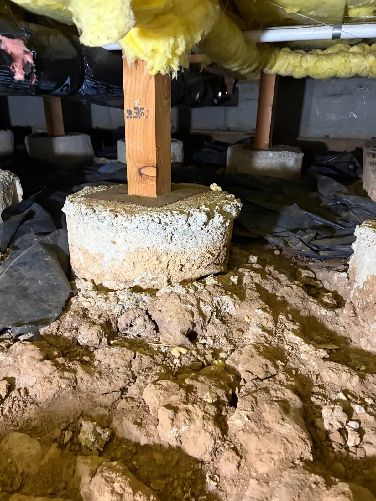 Crawl space before moisture and support work
