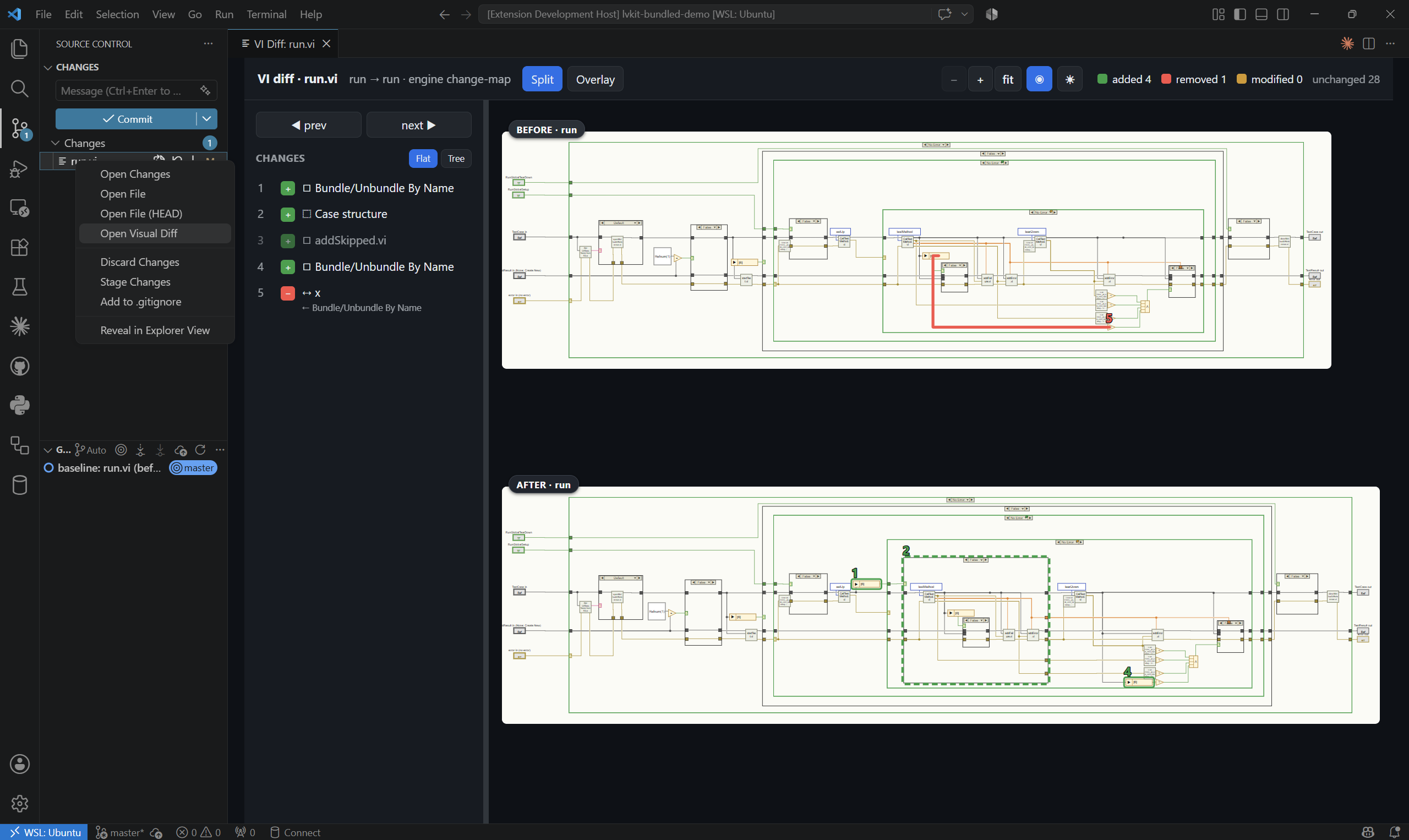 The visual before/after diff, opened from the Source Control context menu