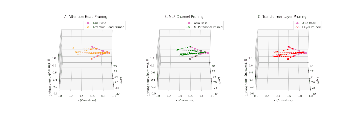 Three pruning strategy comparison plots for Asia-tuned model showing combined quantization and pruning effects