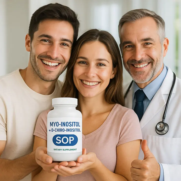 Mio‑inositol com D‑chiro‑inositol para engravidar mais rápido com SOP Casal feliz segurando suplemento de mio-inositol com D‑chiro‑inositol para SOP, ao lado de um médico recomendando o produto
