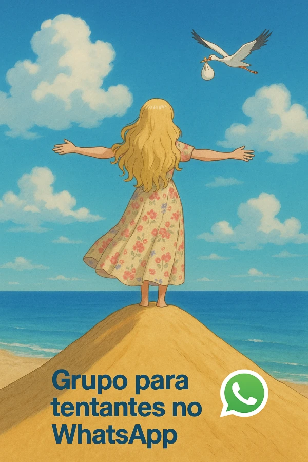 Ilustração mostrando uma mulher de costas com os braços abertos no alto de uma duna de areia e uma cegonha com um embrulho vindo em sua direção.