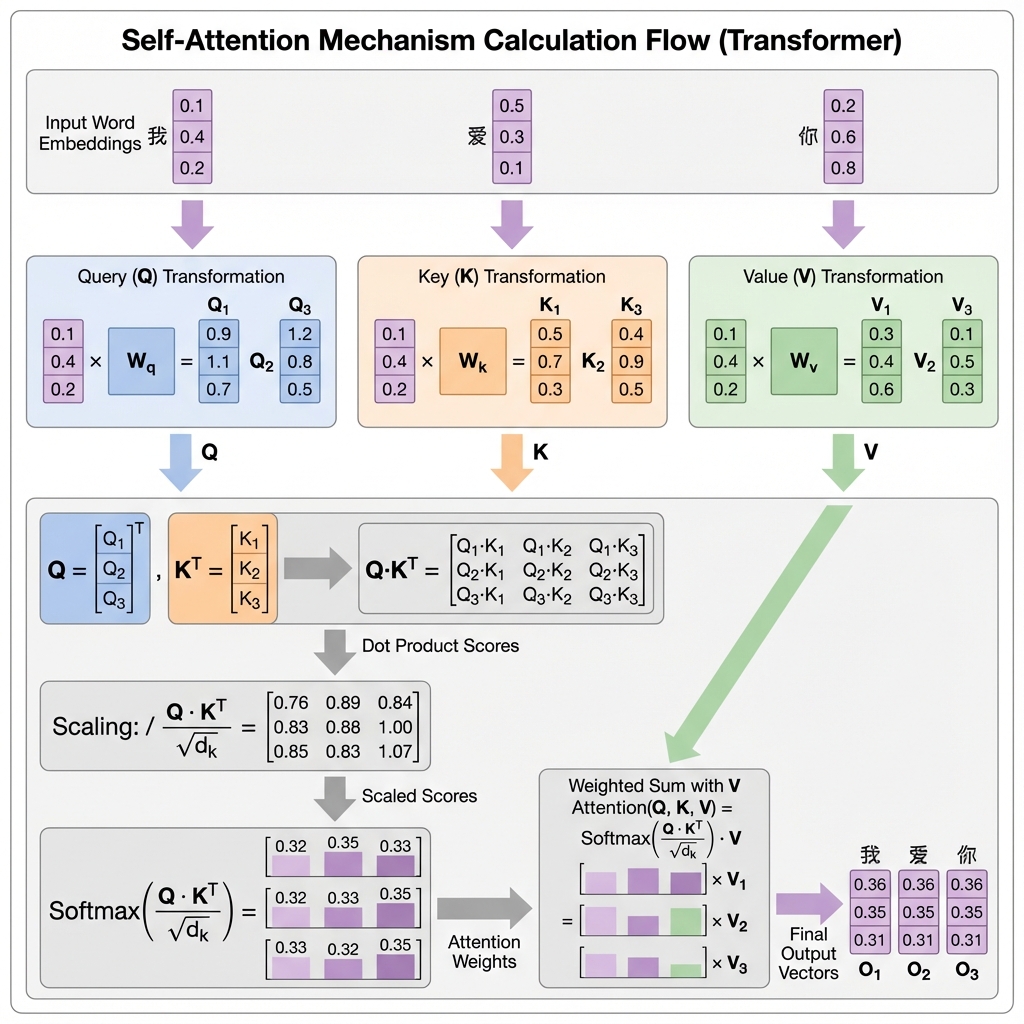 自注意力机制计算流程:展示了从输入词向量到生成Q、K、V,再到计算注意力分数、缩放、Softmax归一化和最终加权求和的完整过程