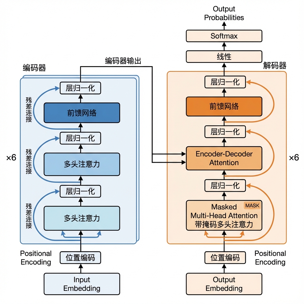 Transformer完整架构:左侧为6层Encoder(蓝色),右侧为6层Decoder(橙色),展示了多头注意力、前馈网络、残差连接和层归一化等关键组件