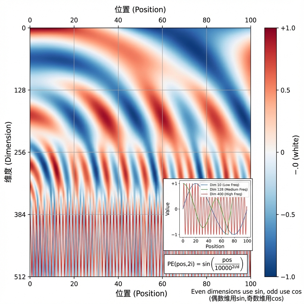 位置编码热力图:展示了正弦和余弦函数生成的位置编码模式,不同维度使用不同频率的波,形成独特的条纹状pattern,使每个位置都有唯一的编码