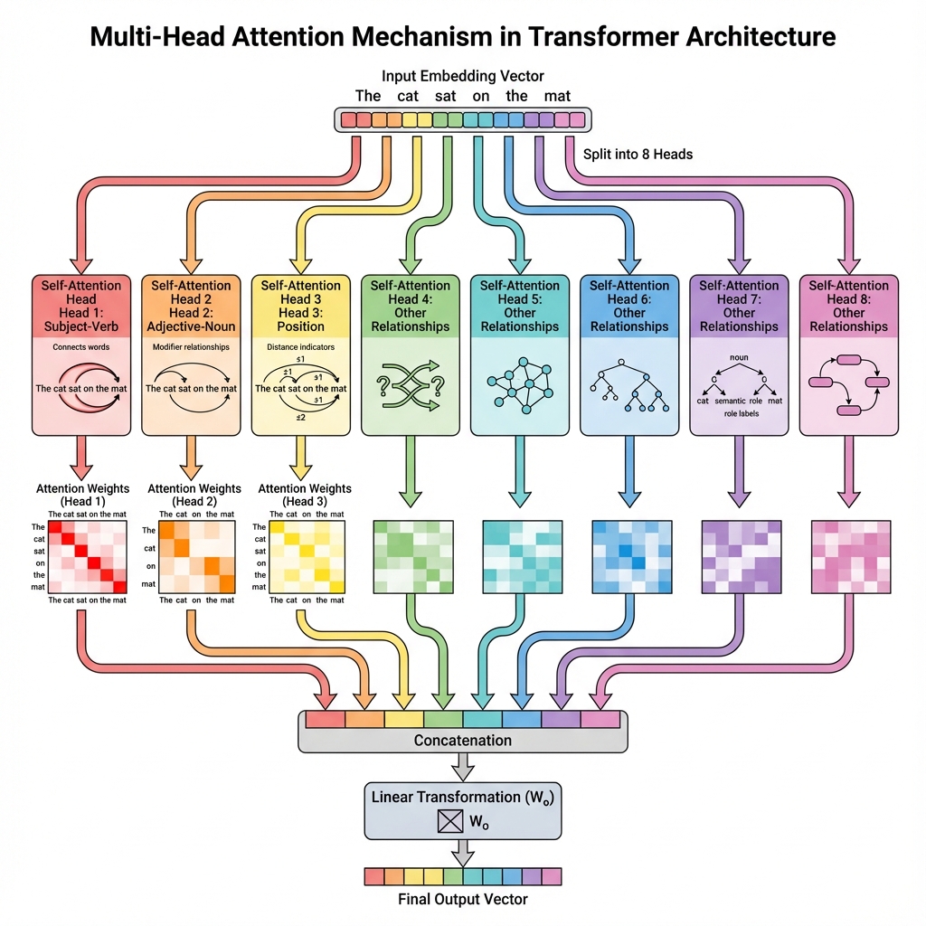 多头注意力机制:8个attention head并行工作,每个head学习不同的语言关系模式,最后将所有head的输出拼接并变换