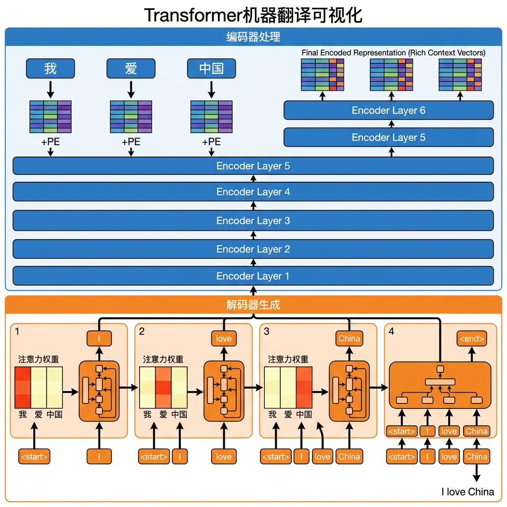 机器翻译流程示意:展示了"我爱中国"→"I love China"的完整翻译过程,包括编码器处理和解码器的4个生成步骤,每步用注意力热力图显示关注的源语言词