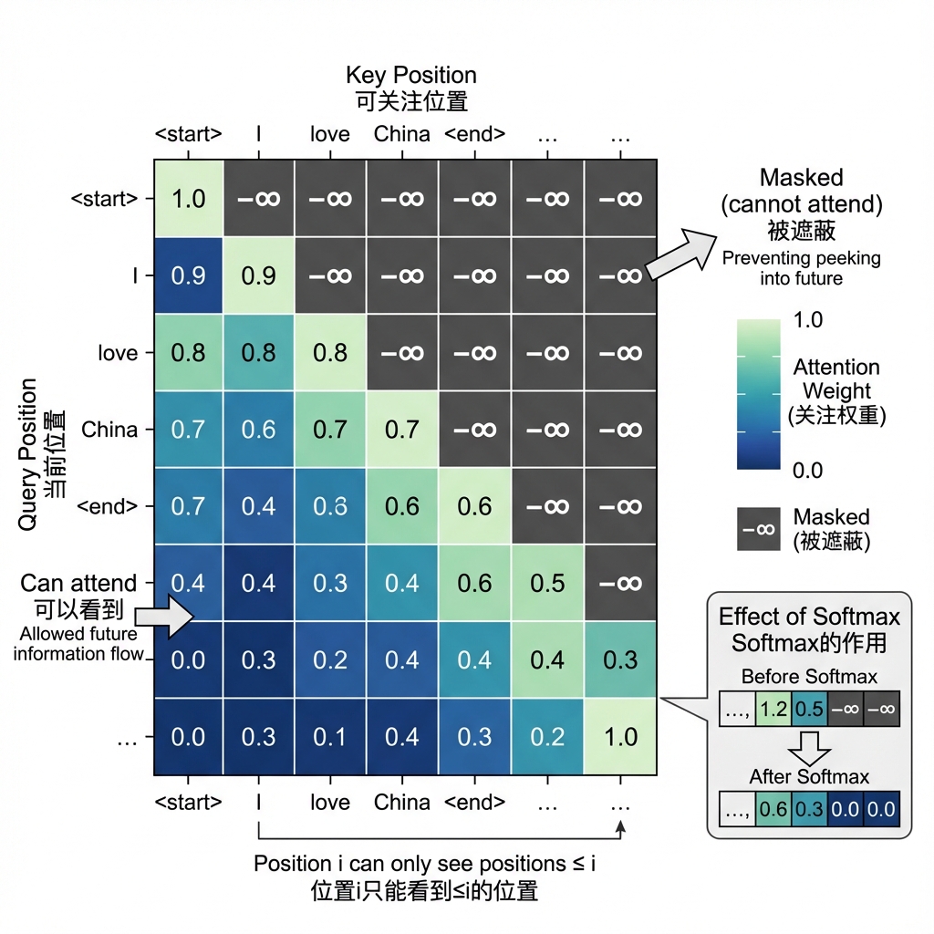 注意力掩码矩阵:下三角矩阵显示解码器在位置i只能看到≤i的位置,上三角部分被设为-∞(灰色区域),保证生成时不会偷看未来的词