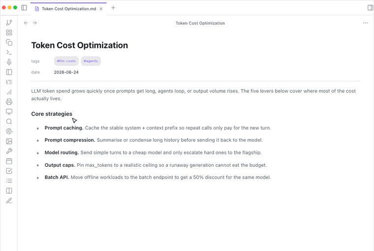 Vault Operator inside Obsidian: an inline action rewrites a paragraph with a web source, then the sidebar agent turns the topic into a labeled Canvas and a Base of related notes, meetings and people