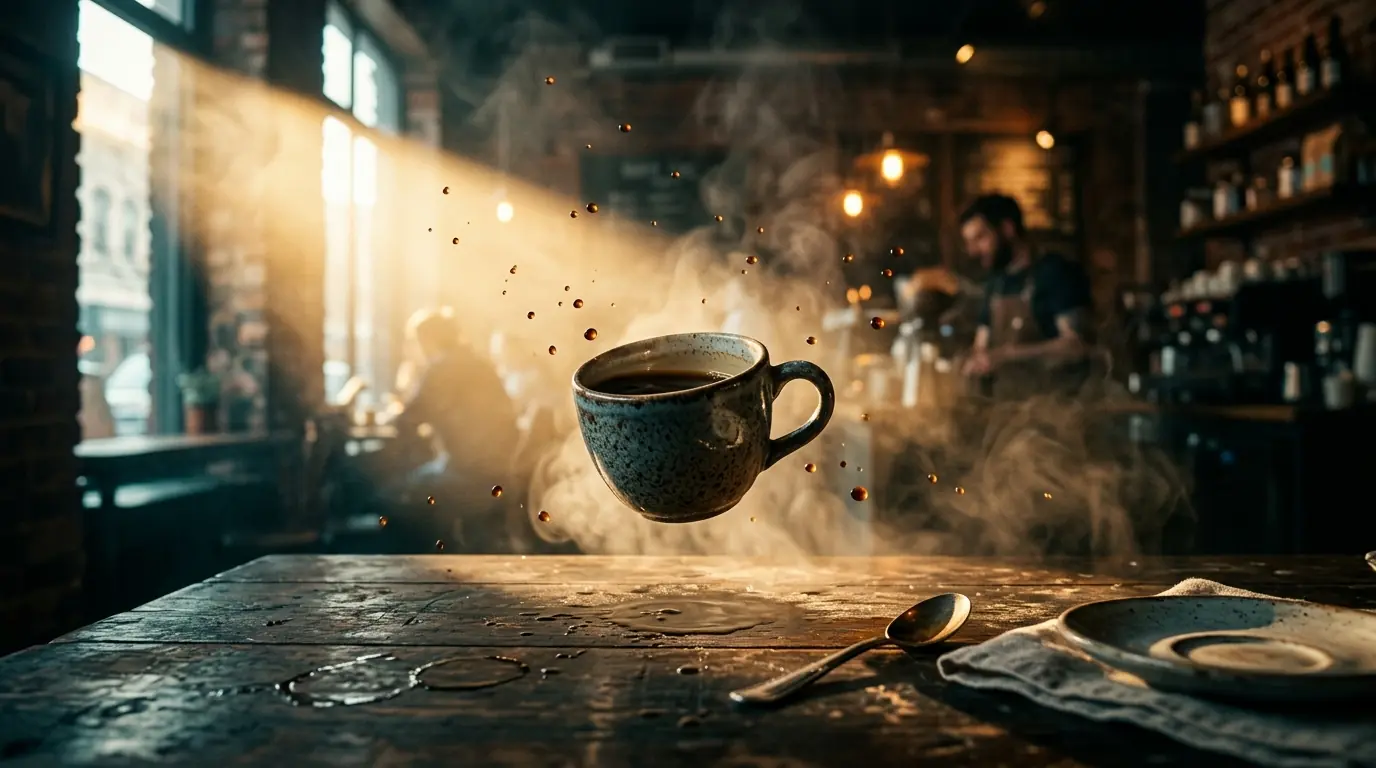 A coffee cup falls… up.