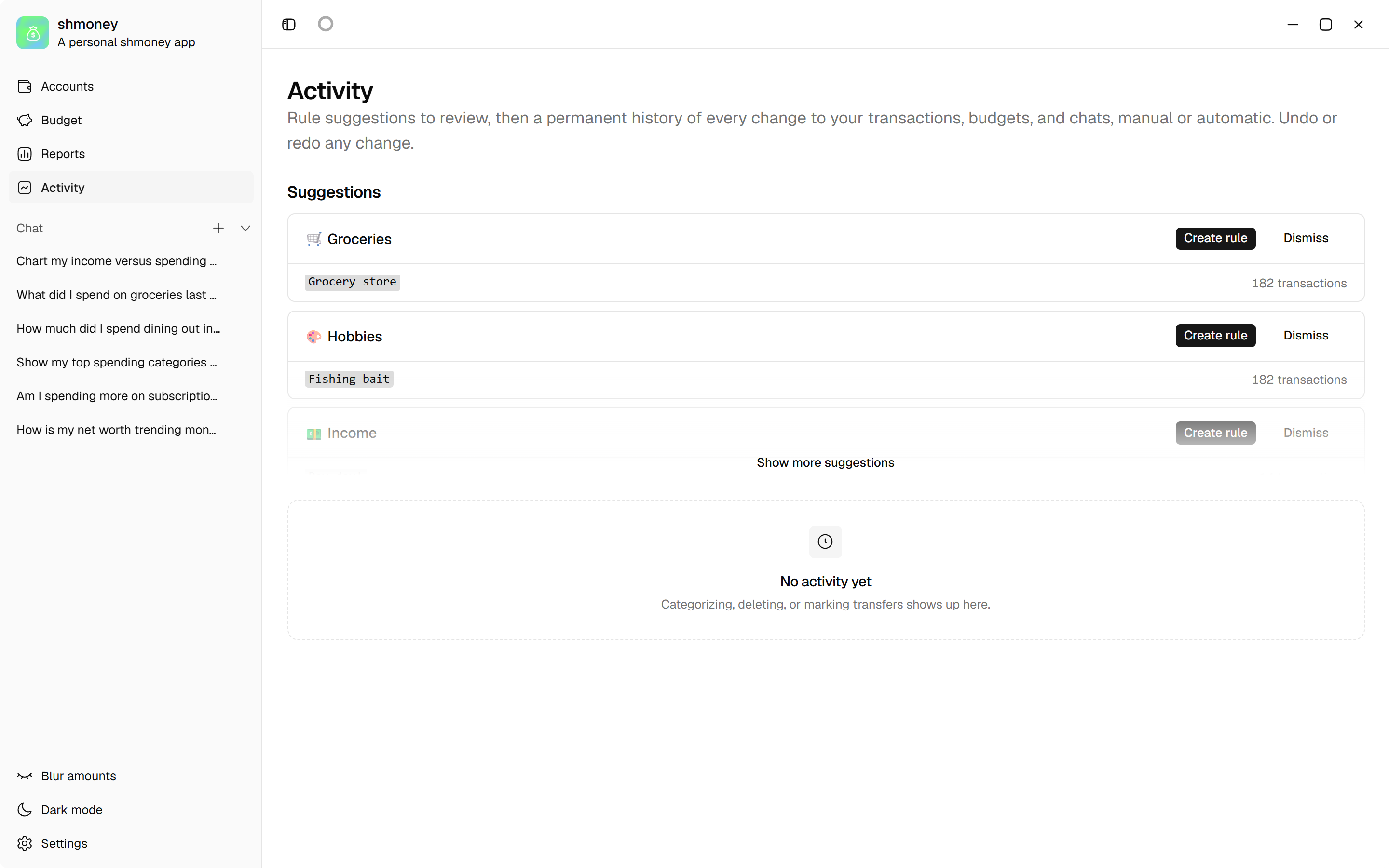 shmoney activity log of reversible changes