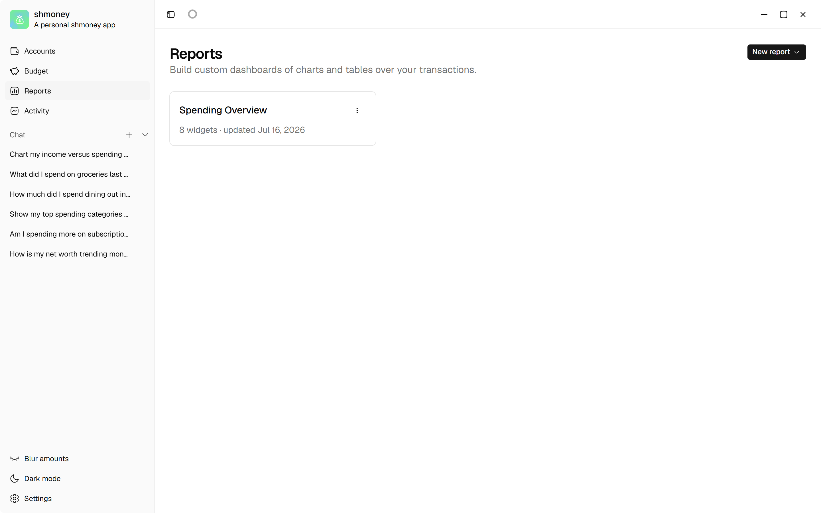 shmoney reports list with a saved custom dashboard