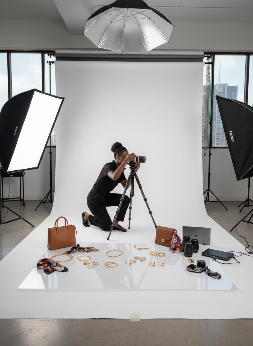 Professional camera gear and photographer at work