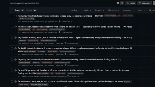 ForgeDock orchestrating multiple GitHub issues in parallel — agents investigate, build, review, and flip workflow labels through to merged