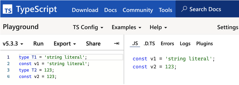 Figure 2-11. The TypeScript playground showing generated JavaScript. The symbols on the first two lines go away, so they were in type space.