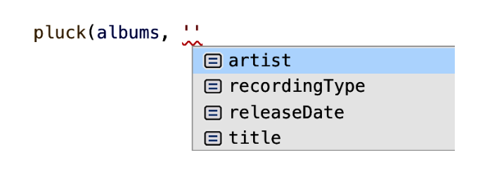 图 4-2.Using a parameter type of keyof Album instead of string results in better autocomplete in your editor.
