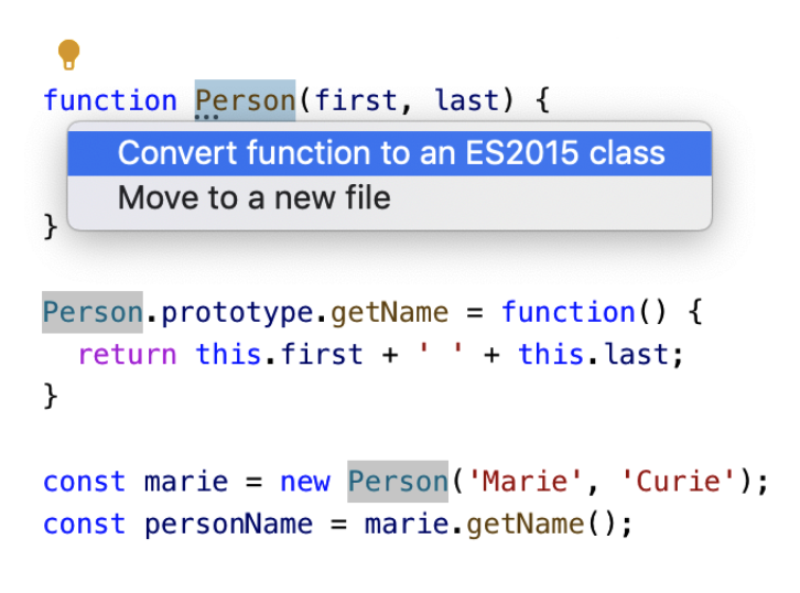 Figure 10-1. The TypeScript language service offers a quick fix to convert older-style classes to ES2015 classes.