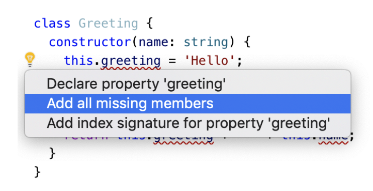 Figure 10-4. The quick fix to add declarations for missing members is particularly help‐ ful in converting a class to TypeScript.