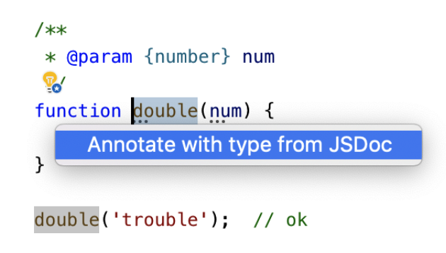 Figure 10-5. Quick fix to copy JSDoc annotations to TypeScript type annotations.