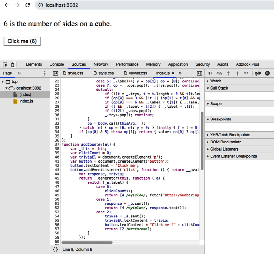 图 9-3. TypeScript 编译器生成的 JavaScript 与原始 TypeScript 源代码不再相似。这会使调试变得更加困难。