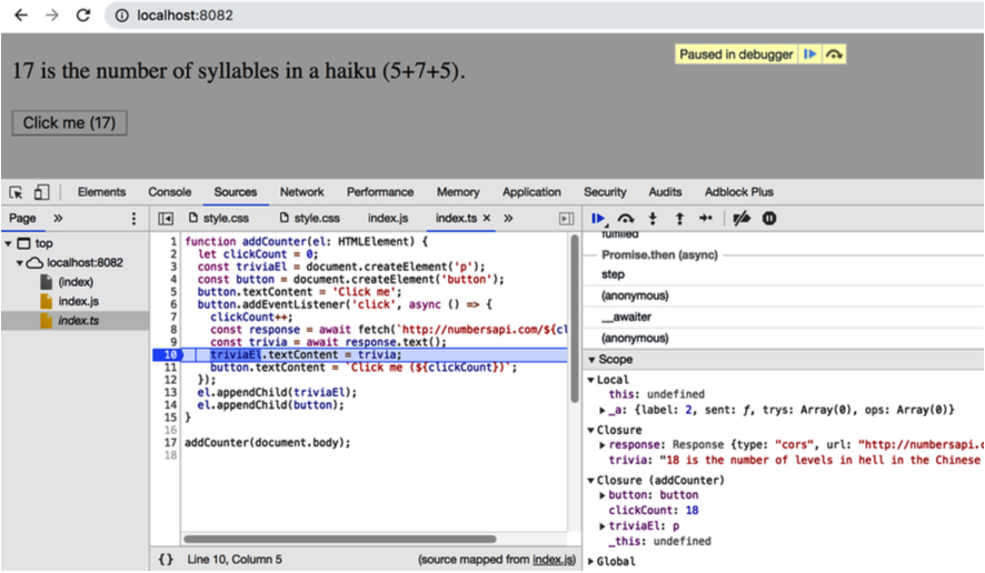 图 9-4.当存在时，你可以在调试器中处理原始TypeScript源代码，而不是生成的 JavaScript。