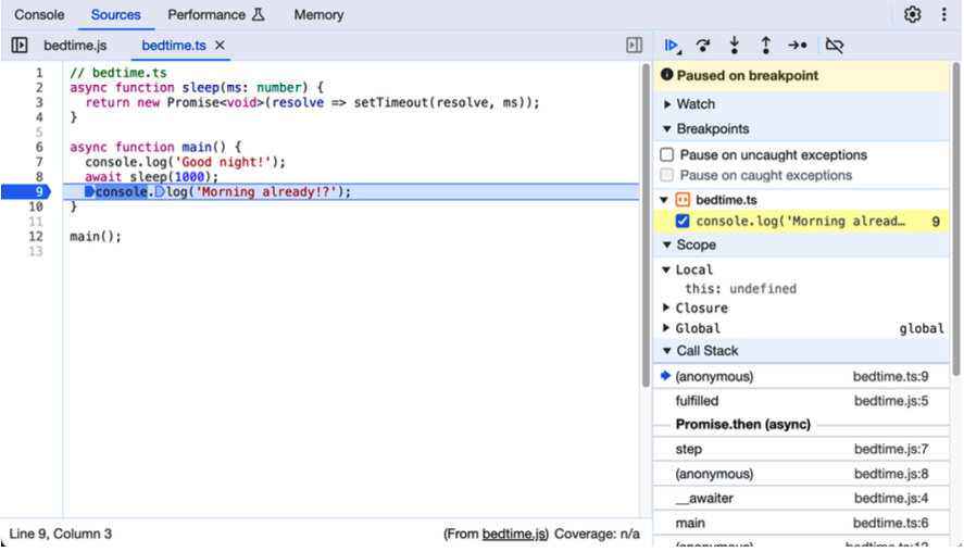 图 9-7.调试  程序的原始 TypeScript 源代码。