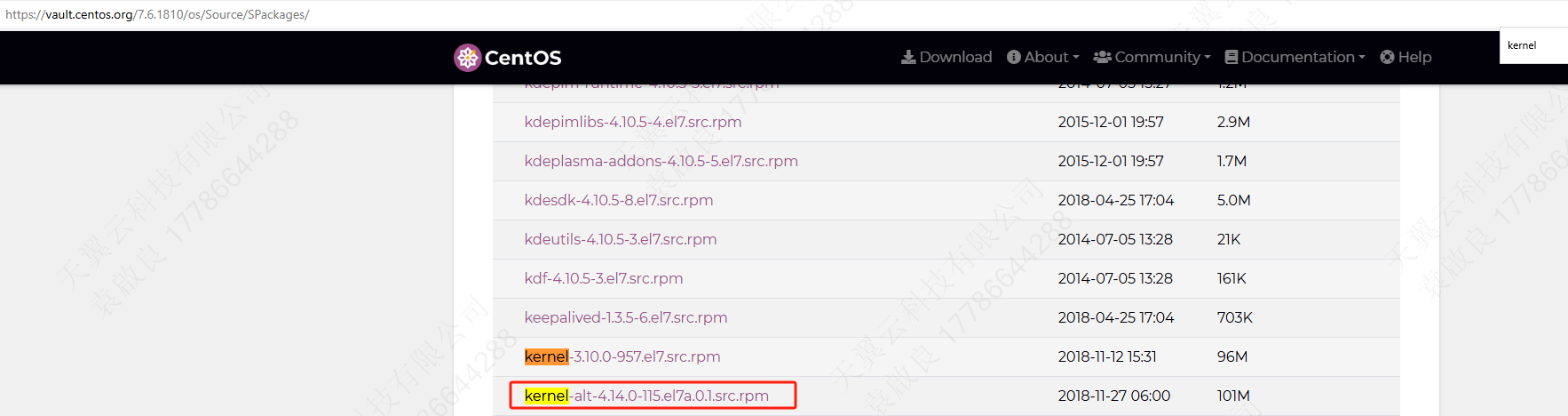 https://vault.centos.org/7.6.1810/os/Source/SPackages/kernel-alt-4.14.0-115.el7a.0.1.src.rpm